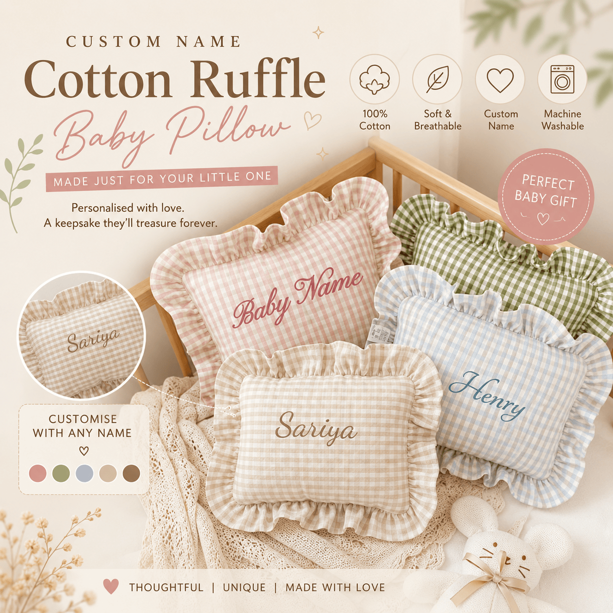 Custom Name Cotton Ruffle Baby Pillow