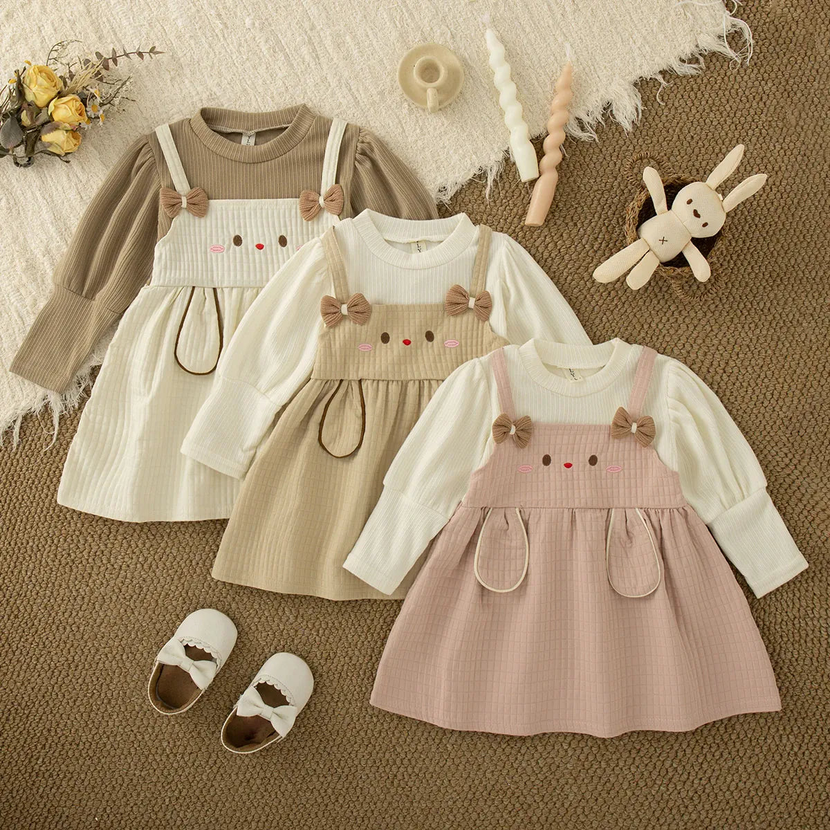 Cute Rabbit Baby Girl Dress Sweet Bow Long Sleeve 9M–3Y