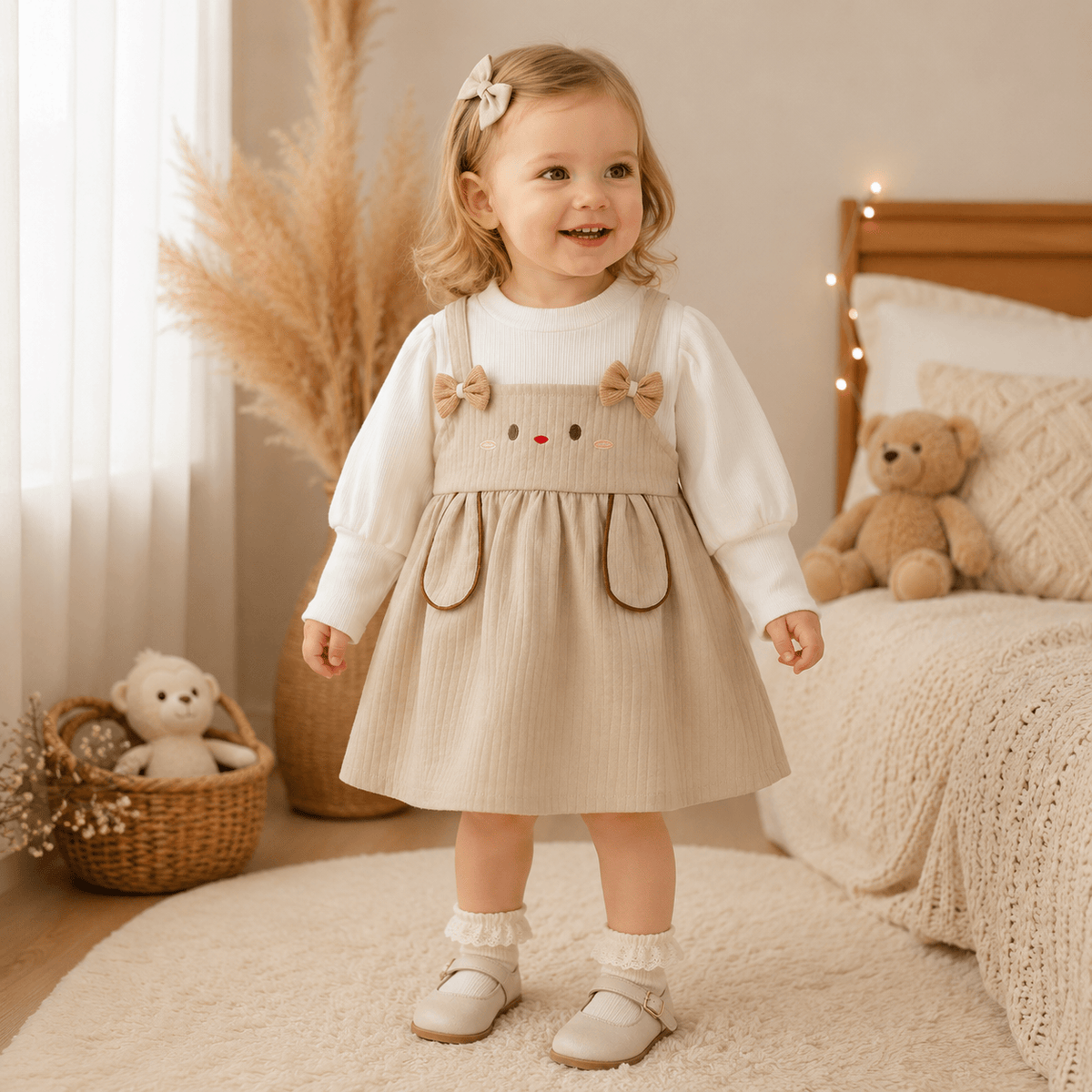 Cute Rabbit Baby Girl Dress Sweet Bow Long Sleeve 9M–3Y