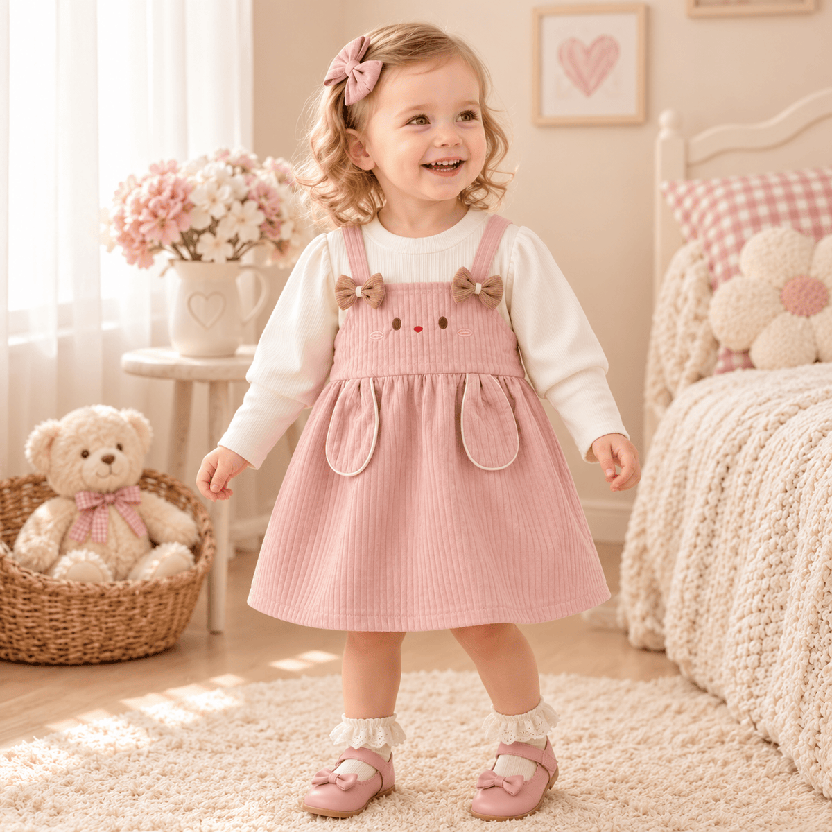 Cute Rabbit Baby Girl Dress Sweet Bow Long Sleeve 9M–3Y