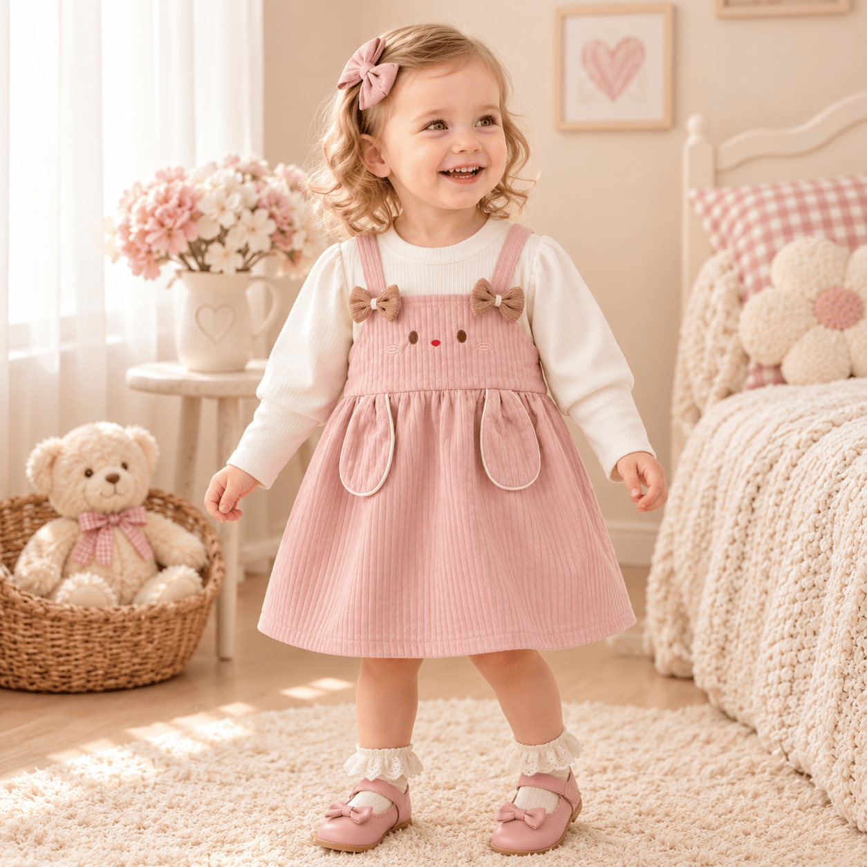 Cute Rabbit Baby Girl Dress Sweet Bow Long Sleeve 9M–3Y