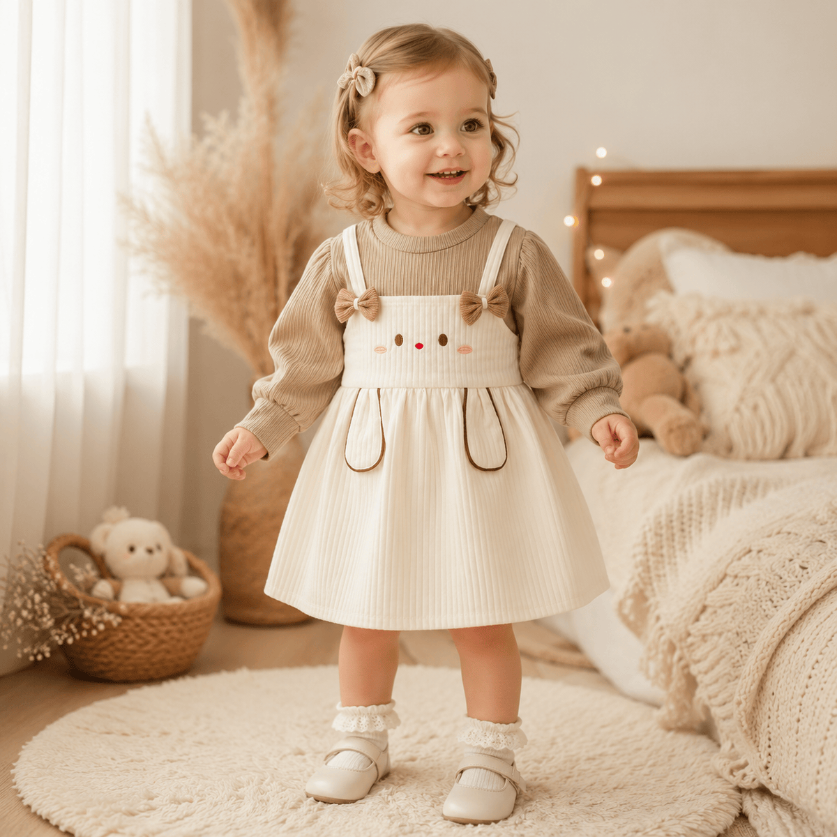 Cute Rabbit Baby Girl Dress Sweet Bow Long Sleeve 9M–3Y