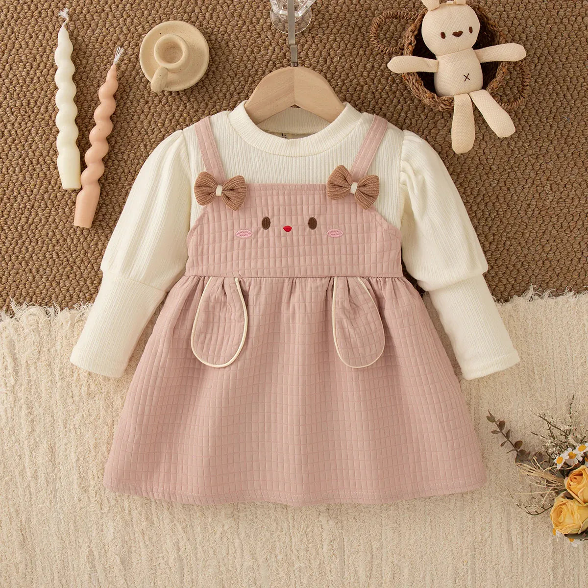 Pink / 9-12M Cute Rabbit Baby Girl Dress Sweet Bow Long Sleeve 9M–3Y
