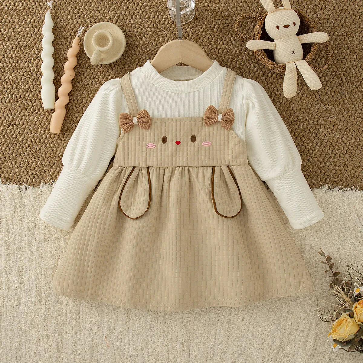 Khaki / 9-12M Cute Rabbit Baby Girl Dress Sweet Bow Long Sleeve 9M–3Y