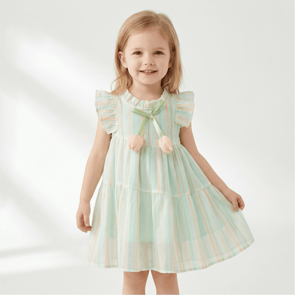 Cute Tulip Fly Sleeve Girl Beach Dress & Hat