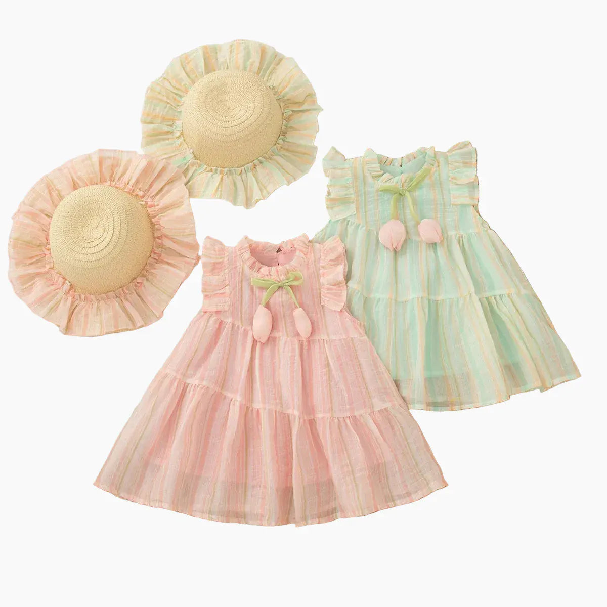 Cute Tulip Fly Sleeve Girl Beach Dress & Hat