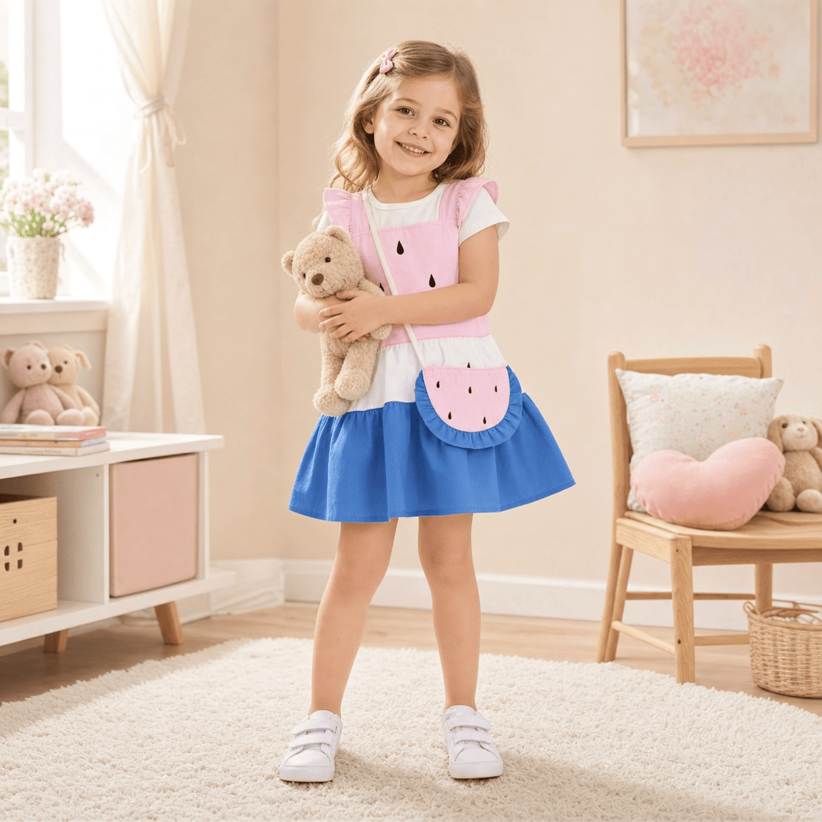 Cute Watermelon Print Flutter Sleeve Dress & Bag Set