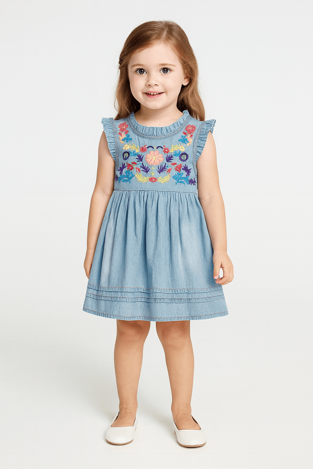 Denim Floral Embroidered Dress
