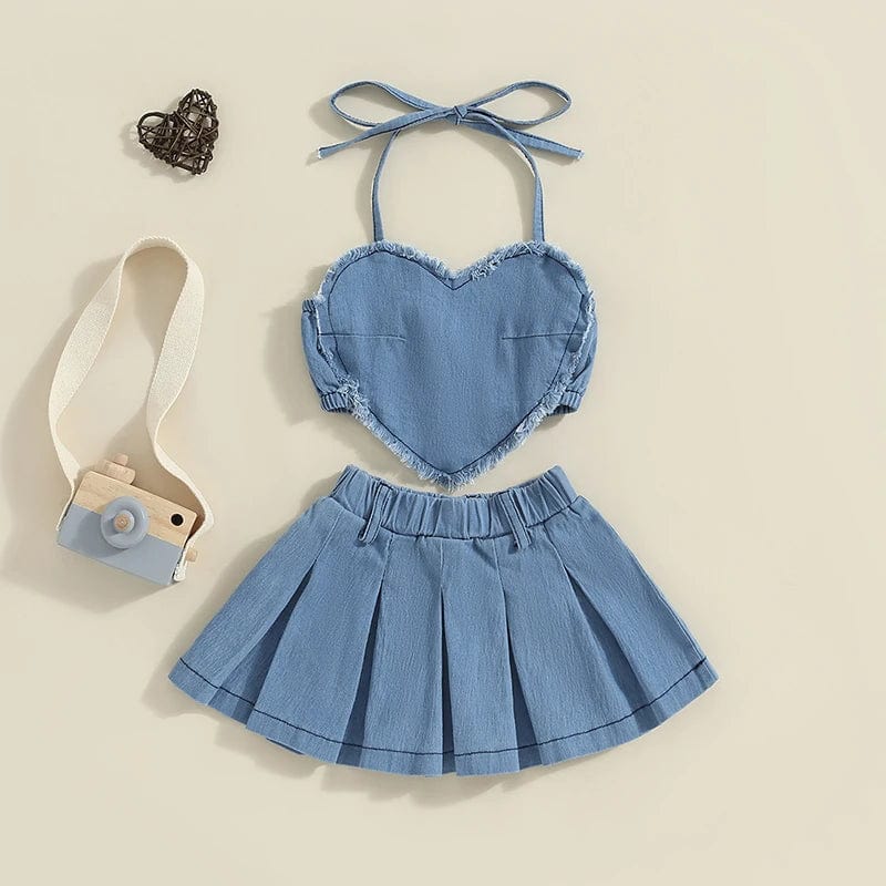 Girl's Clothing Denim Heart Top and Plated Skirt Set