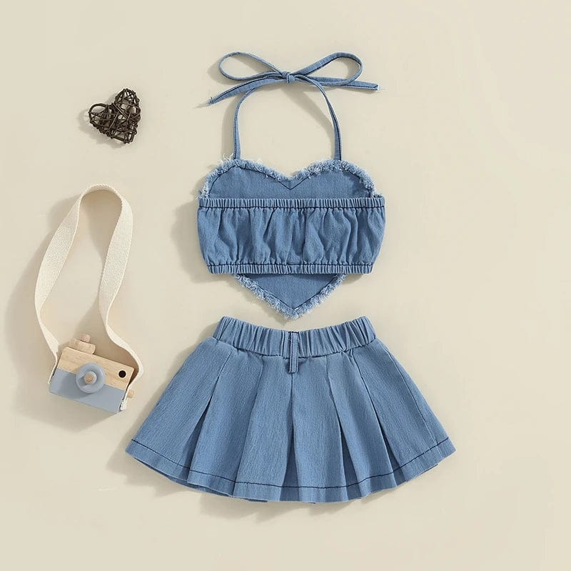 Girl's Clothing Denim Heart Top and Plated Skirt Set