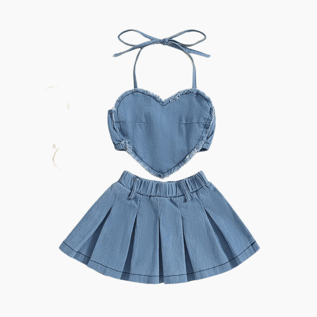 Girl's Clothing Denim Heart Top and Plated Skirt Set