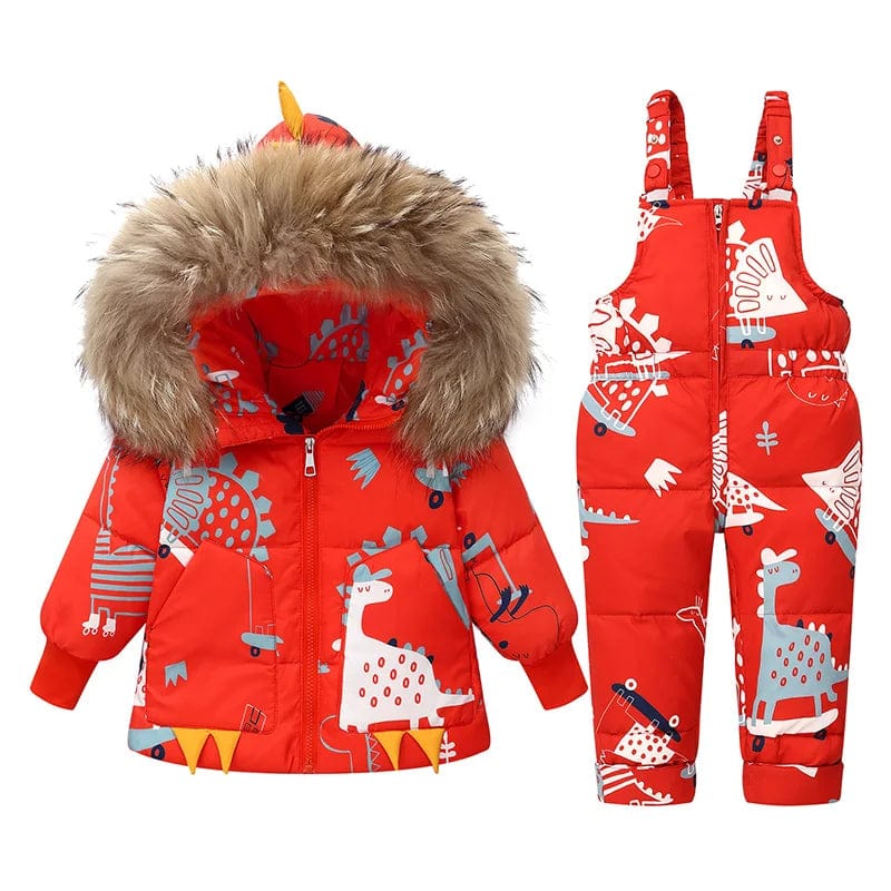 Red / 4T Dinosaur Print Puffer Jacket and Overalls Set