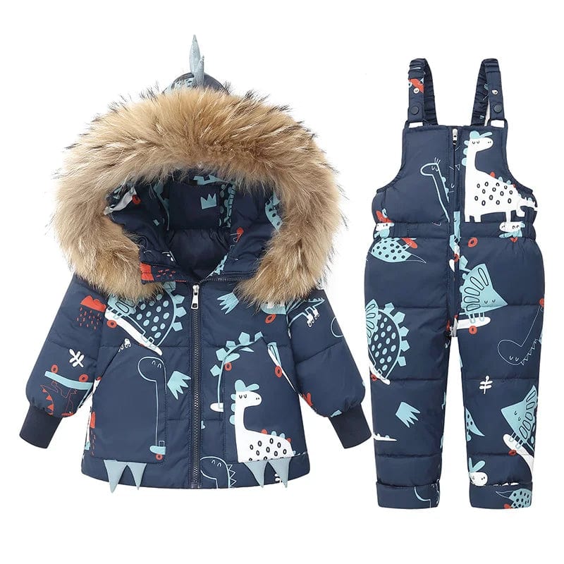 Blue / 2T Dinosaur Print Puffer Jacket and Overalls Set