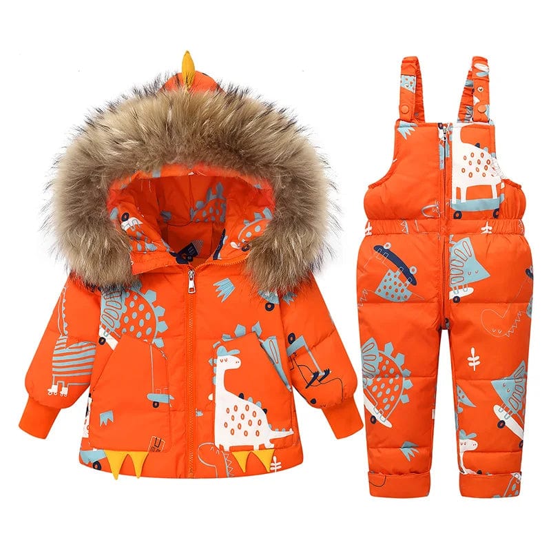 Orange / 2T Dinosaur Print Puffer Jacket and Overalls Set