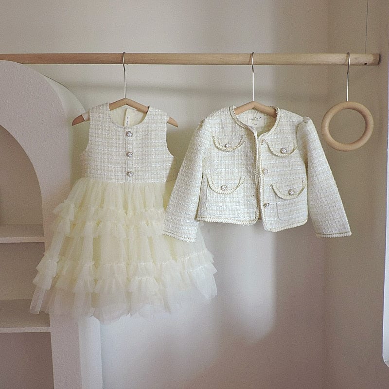 Elegant Tweed Jacket and Tutu Dress Set, Beige / 4T