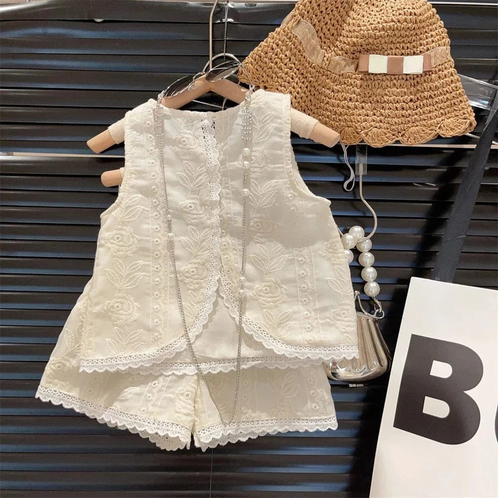Beige / 3T Elegant Embroidered Lace Vest and Shorts Set