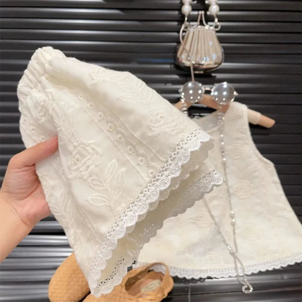 Elegant Embroidered Lace Vest and Shorts Set