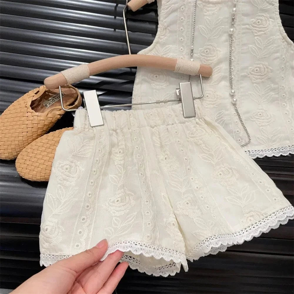 Elegant Embroidered Lace Vest and Shorts Set