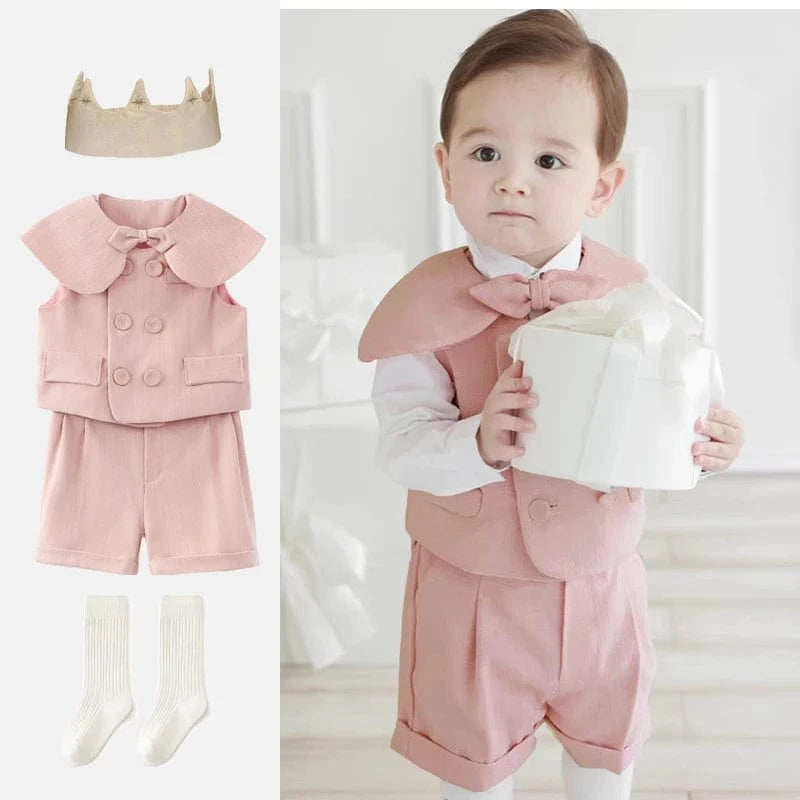 pink set / 9M Elegant Pink Baby Tuxedo Baptism and Party Outfit
