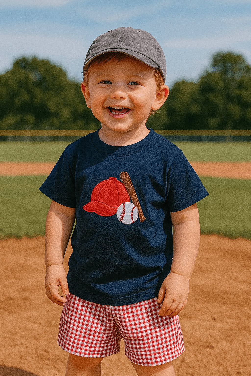 Embroidered Baseball T-Shirt and Plaid Shorts Set
