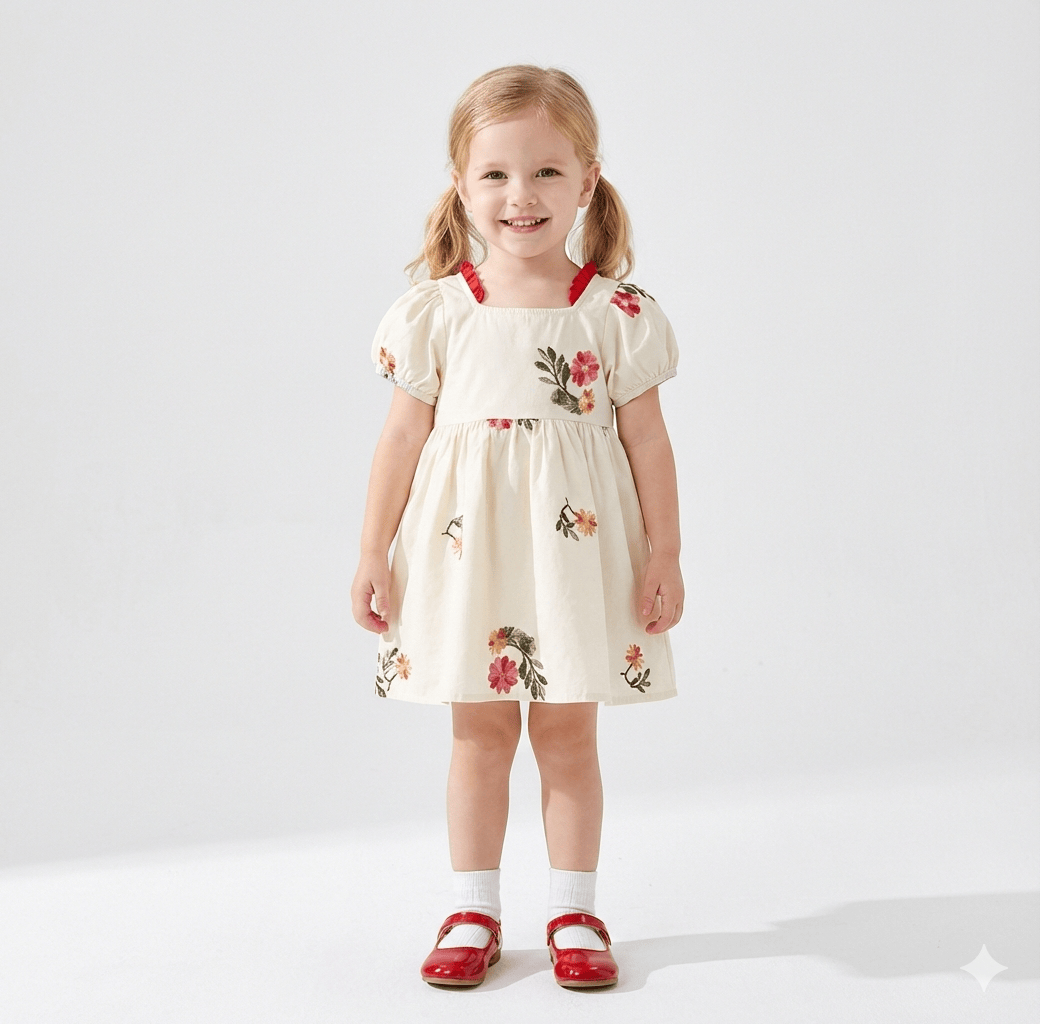 Embroidered Bubble Sleeve Dress