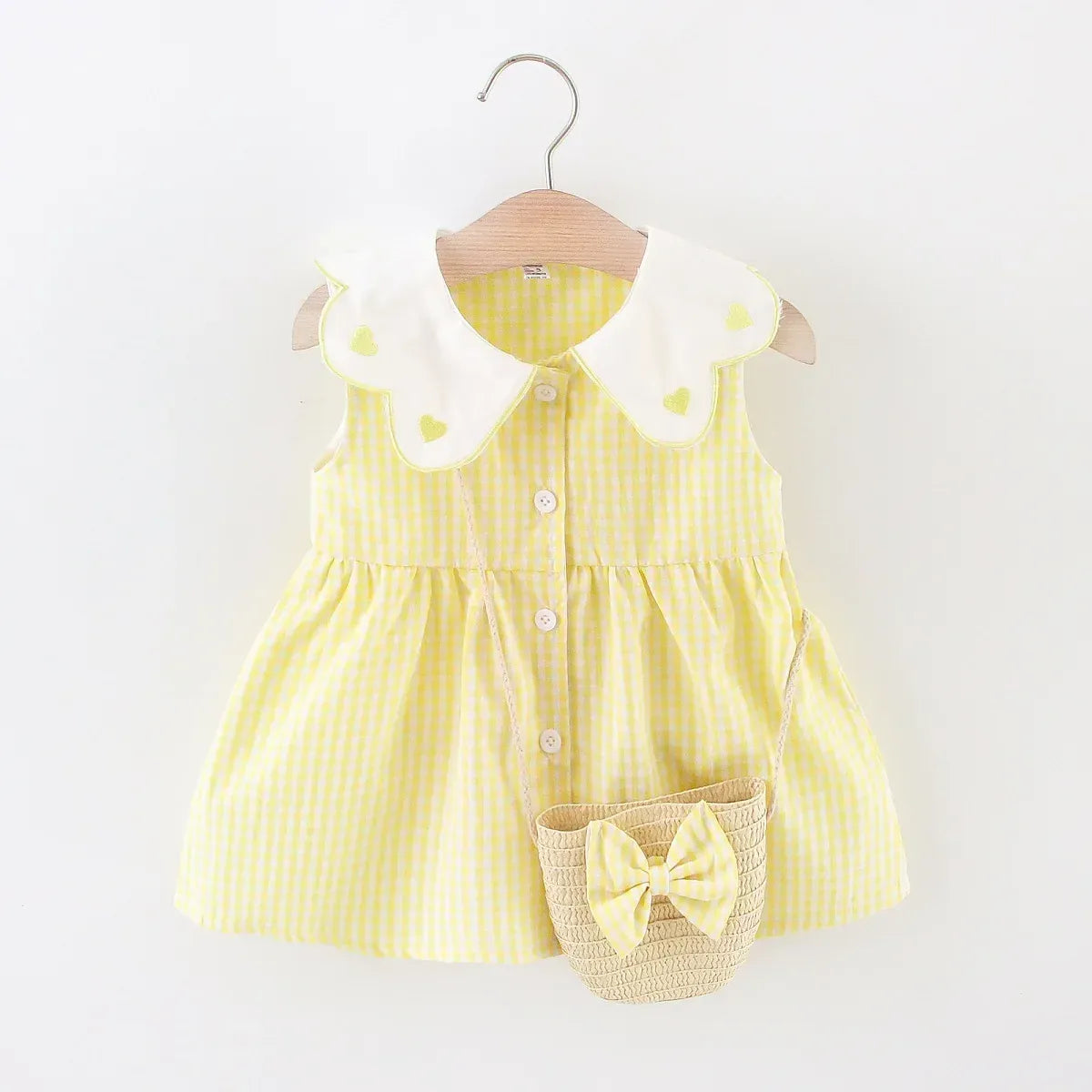 Yellow / 9-12M Embroidered Collar Dress & Matching Bag Set