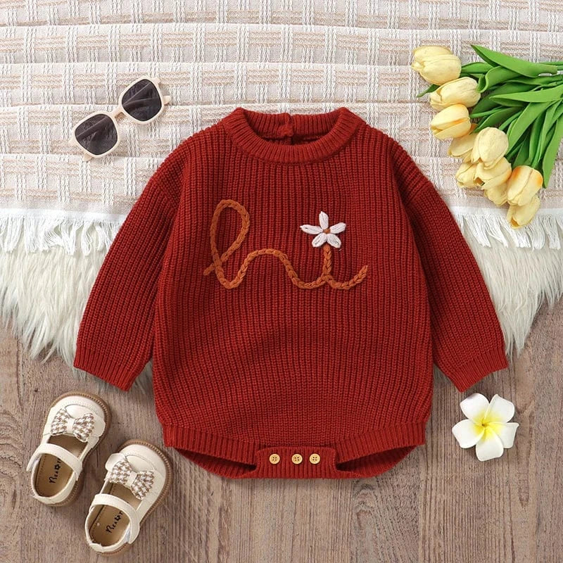 Brick Red / 3M Embroidered Knit Baby Romper