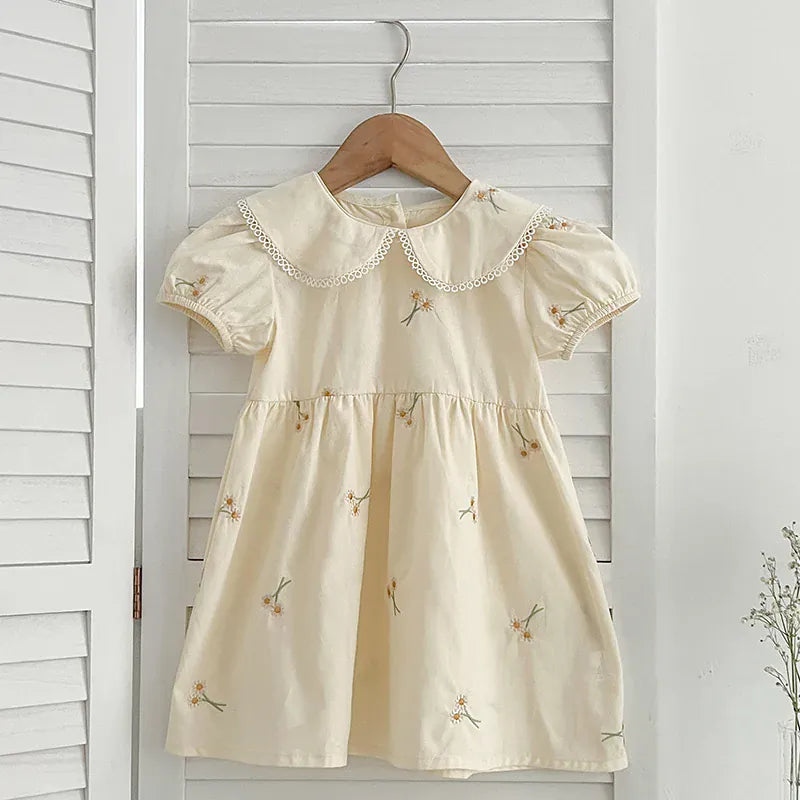 Beige / 2T Embroidered Peter Pan Collar Dress