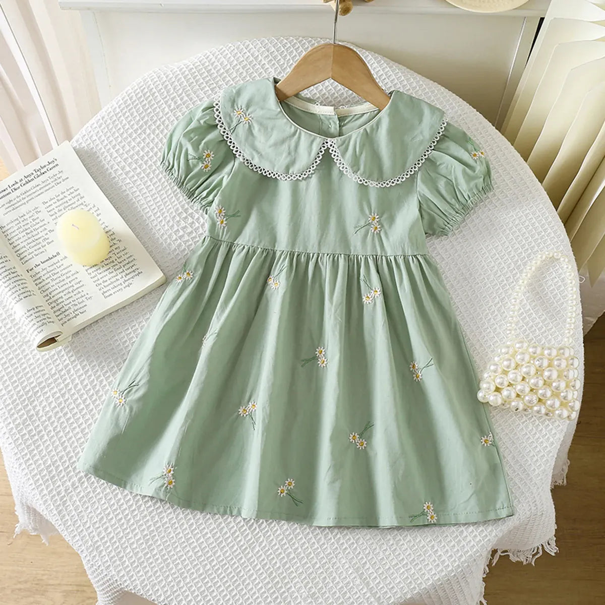 Green / 2T Embroidered Peter Pan Collar Dress