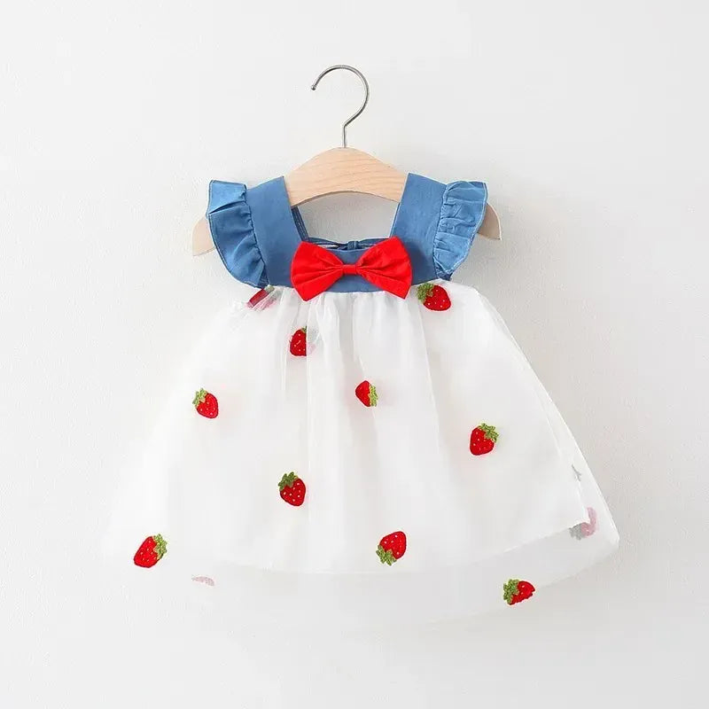 WHITE / 9-12M Embroidered Strawberry Cool Princess Dress