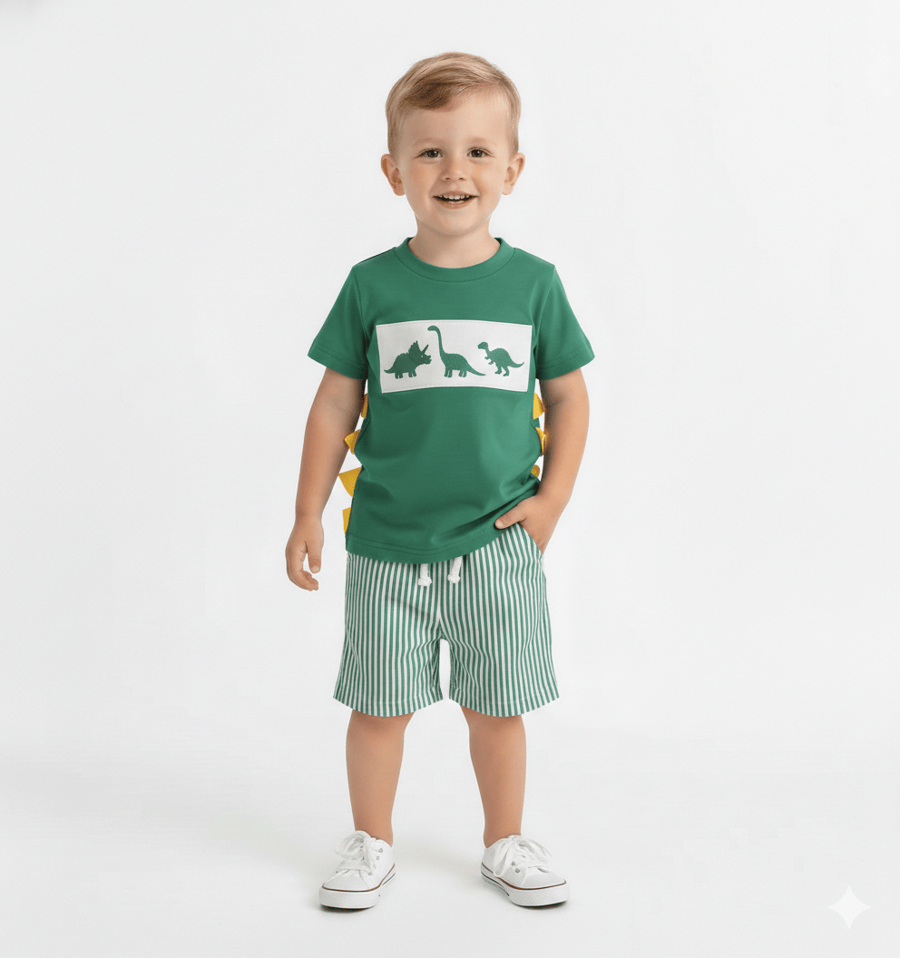 Embroidered T-Shirt & Striped Shorts Set