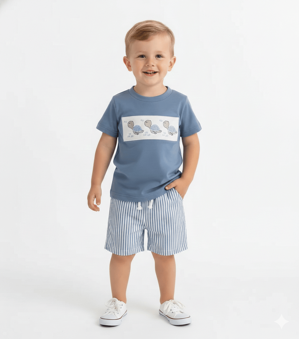 Embroidered T-Shirt & Striped Shorts Set