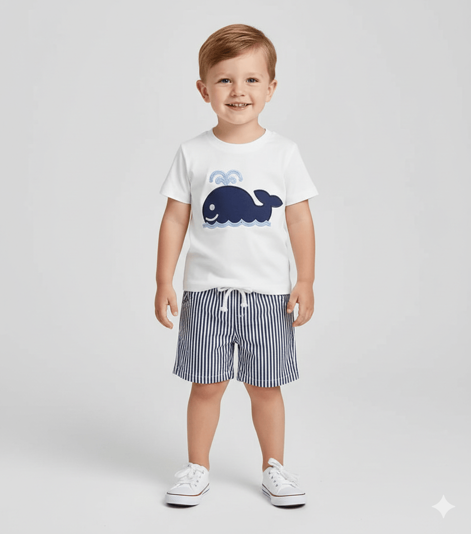Embroidered T-Shirt & Striped Shorts Set