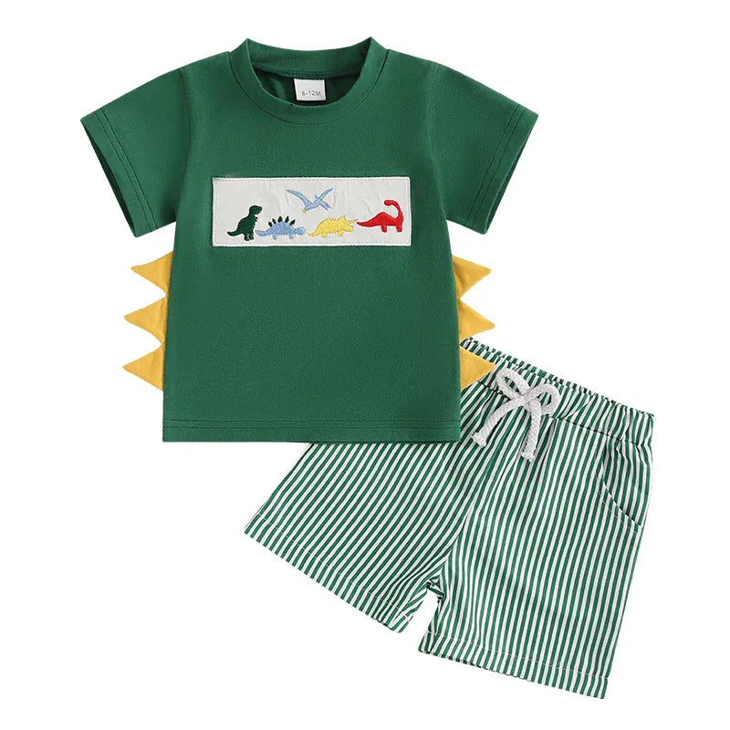 Green Dino Spike Set / 6M Embroidered T-Shirt & Striped Shorts Set