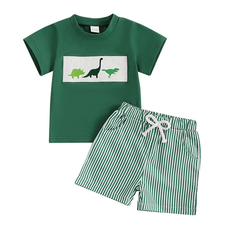Green Dino Tee + Stripe Shorts / 6M Embroidered T-Shirt & Striped Shorts Set