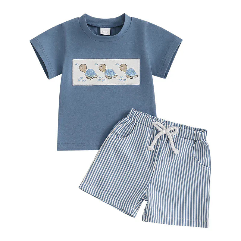 Blue Dino Tee + Stripe Shorts / 6M Embroidered T-Shirt & Striped Shorts Set