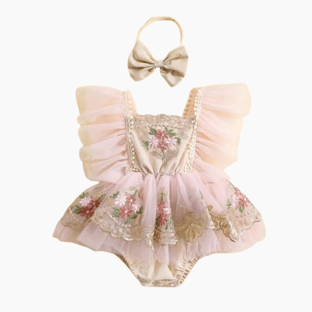 Girl's Clothing Embroidery Floral Bodysuit with Bowknot Hairband