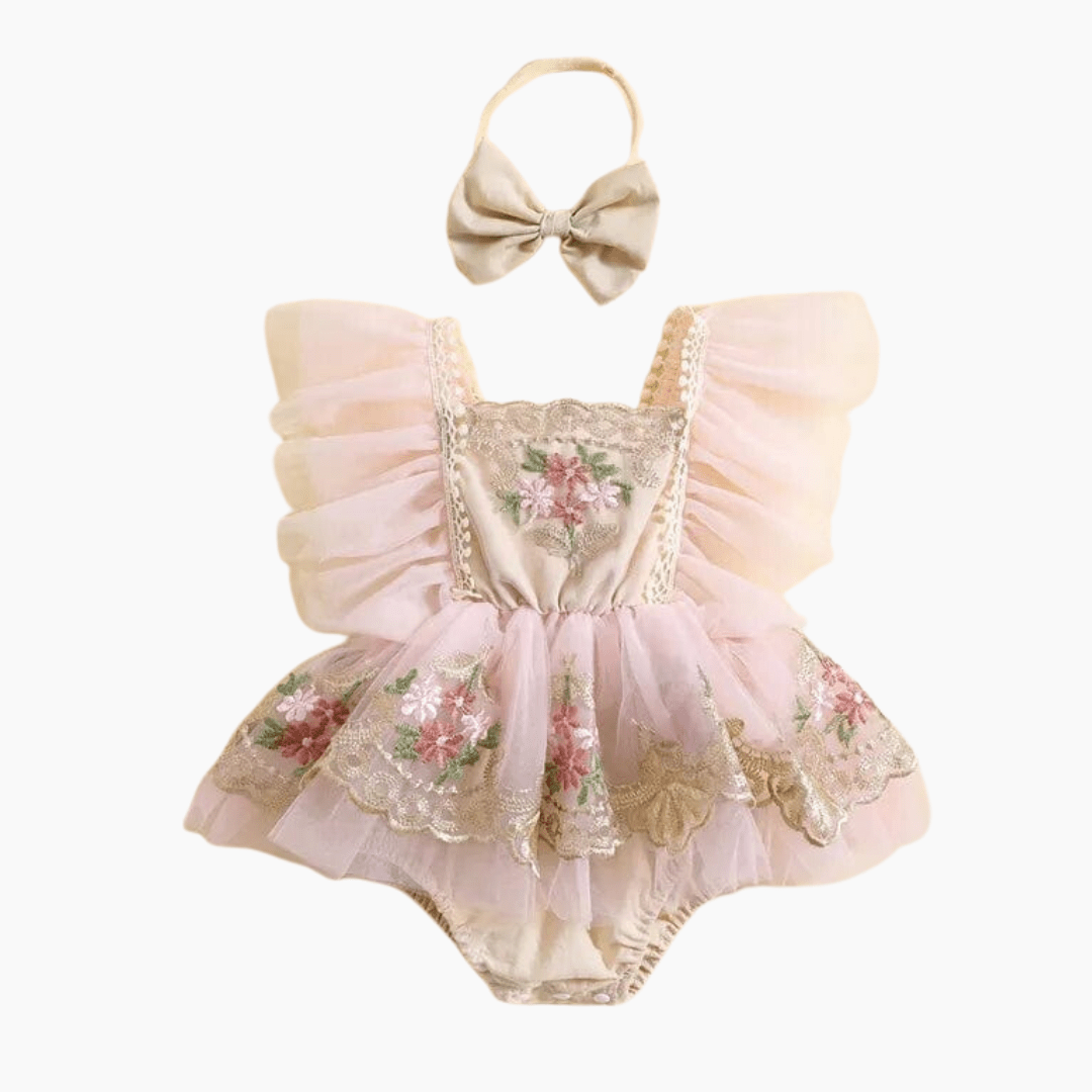 Girl&#39;s Clothing Embroidery Floral Bodysuit with Bowknot Hairband