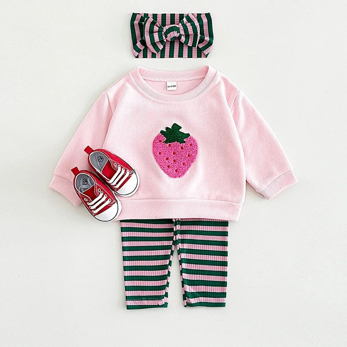 Pink / 6-9M Embroidery Fruit Sweatshirt and Striped Pants Set