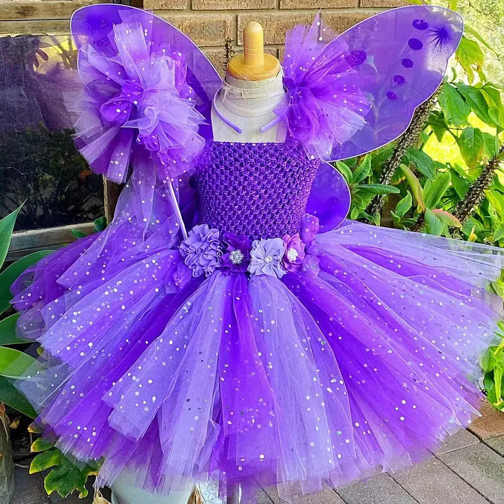 Lavender / 12M Fairy Costume Tutu Dress with Wings for Girls