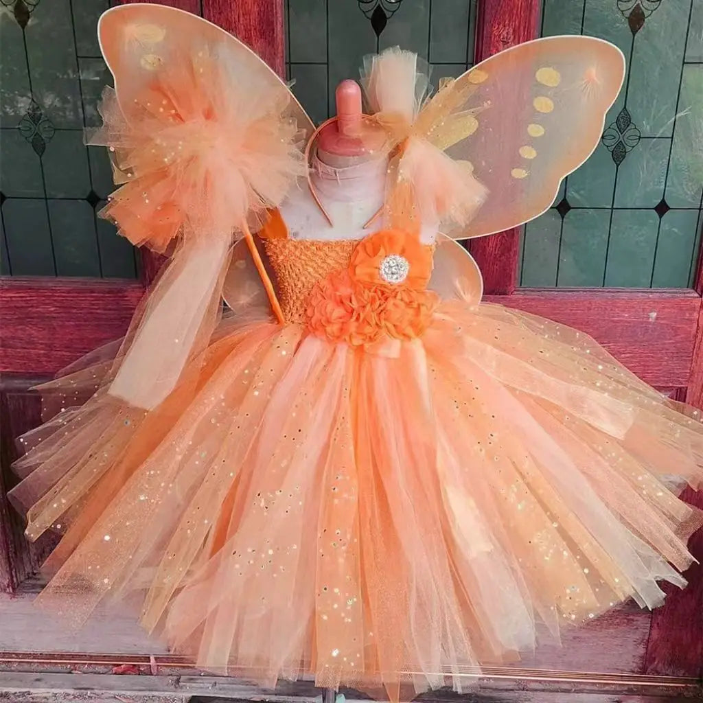 Fairy Costume Tutu Dress with Wings for Girls, Orange / 6T