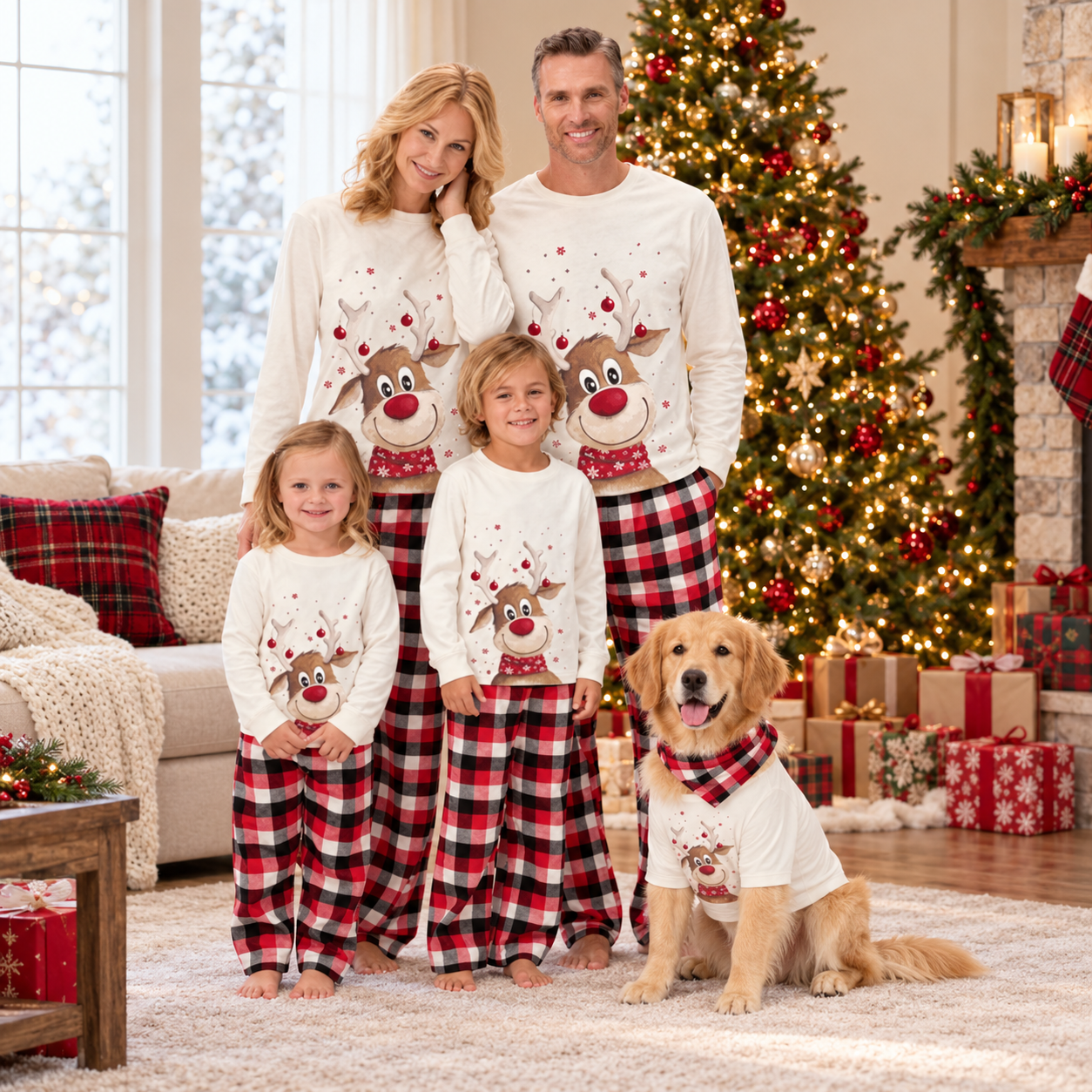 Family wearing matching reindeer Christmas pajamas beside a decorated Christmas tree