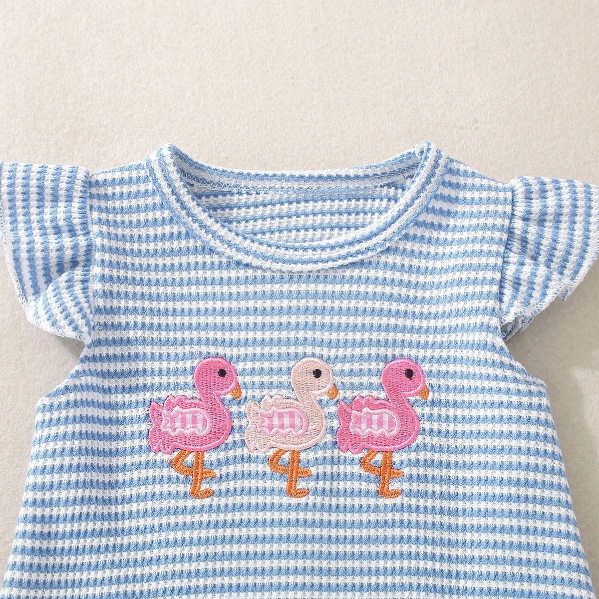 Flamingo Embroidered Waffle Knit Bodysuit with Flutter Sleeves