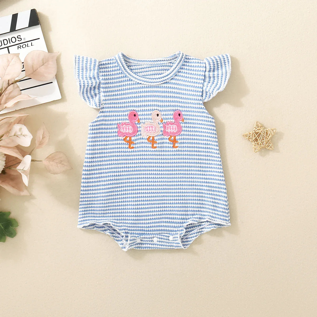 Khaki / 0-3M Flamingo Embroidered Waffle Knit Bodysuit with Flutter Sleeves