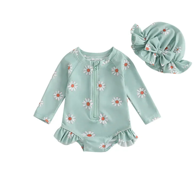 Sage Green / 6-9M Floral Long Sleeve Rash Guard & Hat Set
