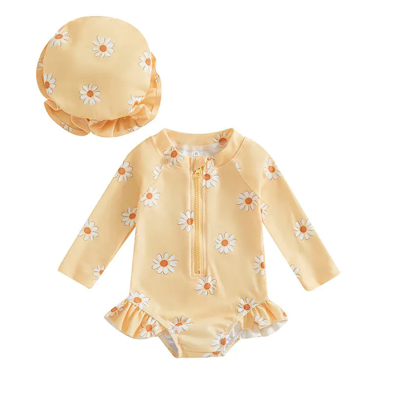 Sunshine Yellow / 6-9M Floral Long Sleeve Rash Guard & Hat Set