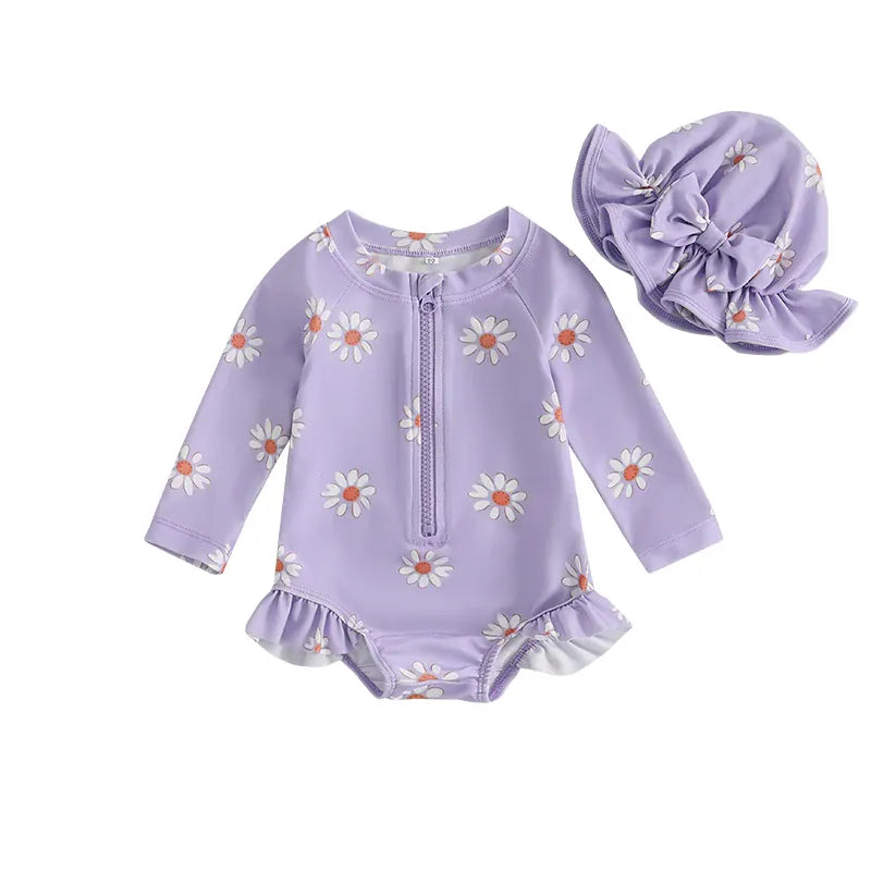 Lavender Purple / 6-9M Floral Long Sleeve Rash Guard & Hat Set