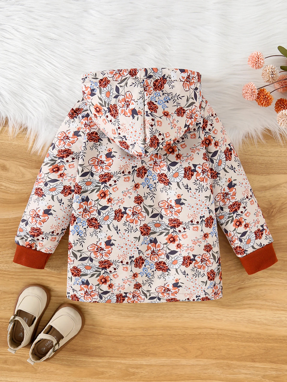 Floral Print Fleece-Lined Hooded Jacket