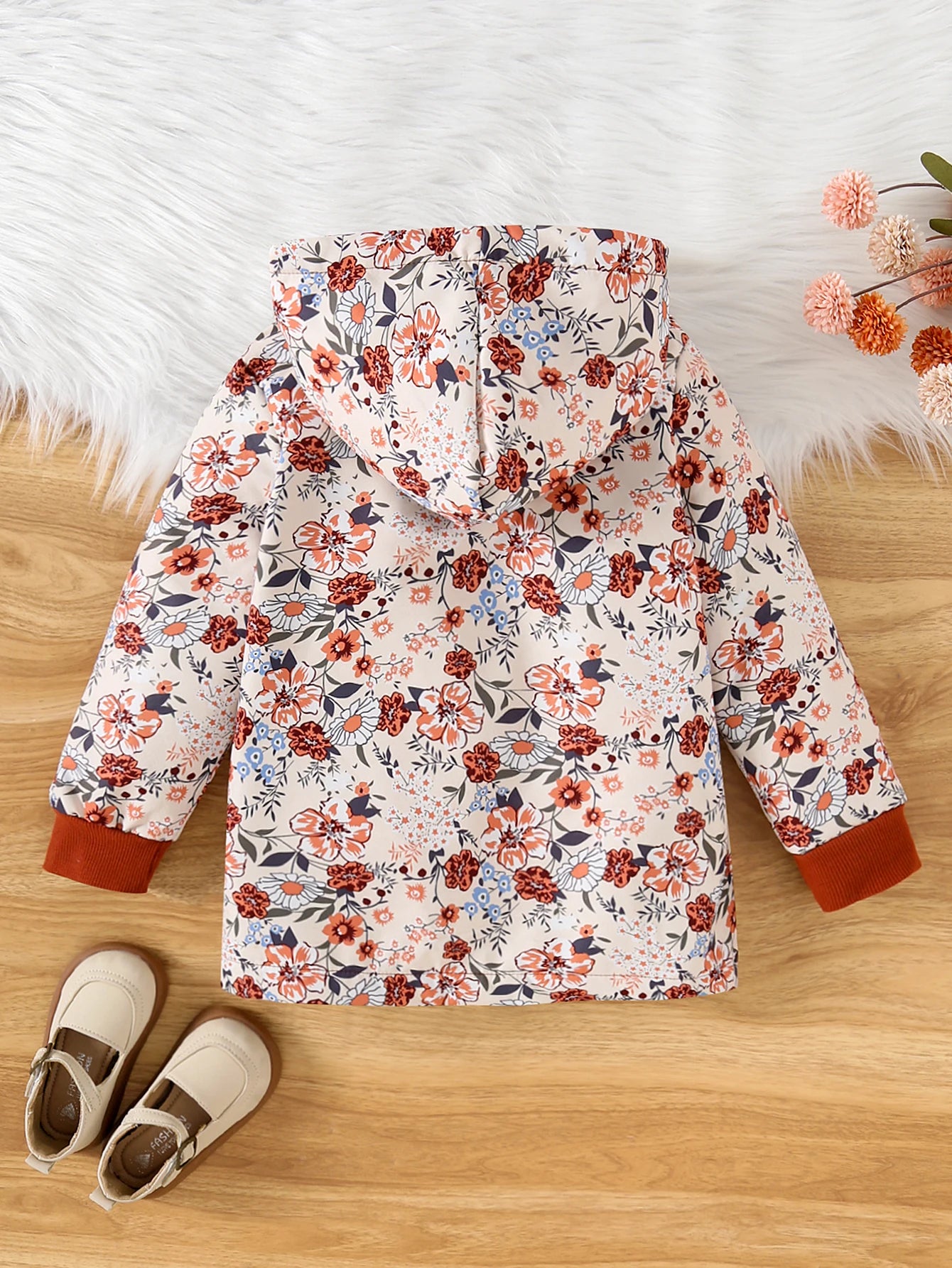Floral Print Fleece-Lined Hooded Jacket