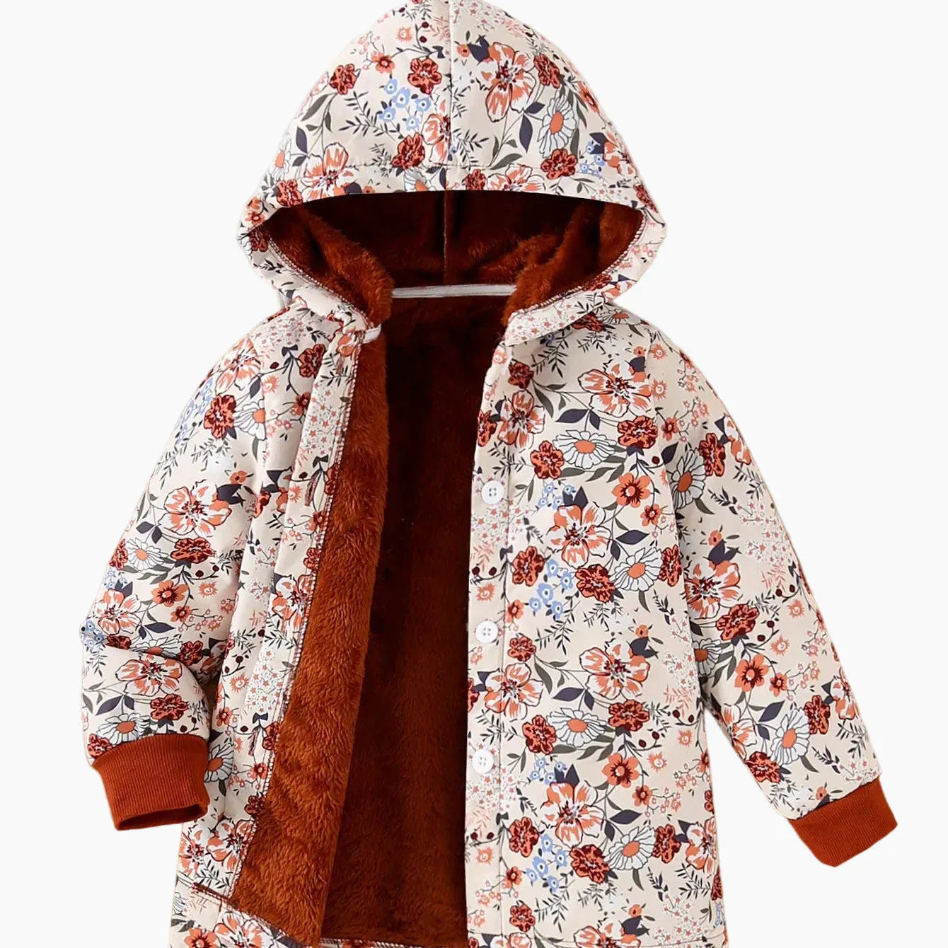 Beige / 4T Floral Print Fleece-Lined Hooded Jacket